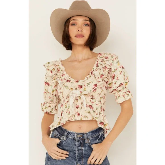 Free People Favorite Girl Top Romantic Floral Ruffle Smocked Boho Cottagecore Sm - Picture 1 of 16